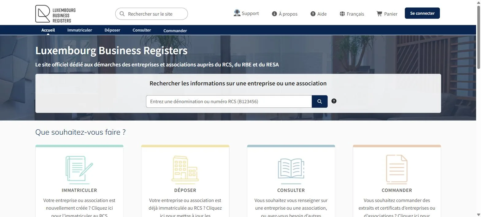 Luxembourg Business Registers homepage with the RCS search box, showing the placeholder format for a company name or RCS number such as B123456