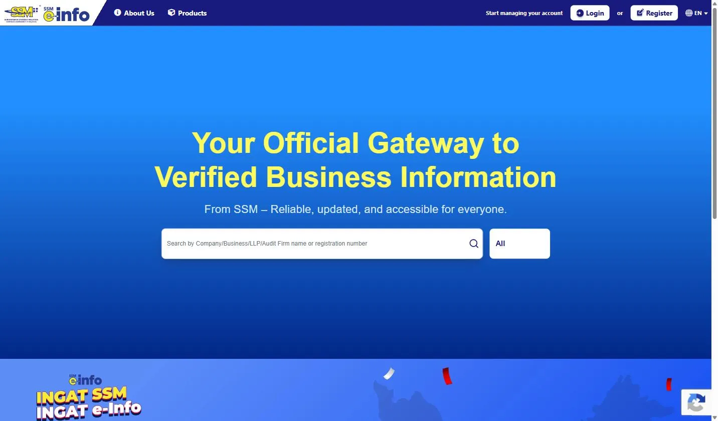 SSM e-Info homepage, the authorised search portal for the Malaysian company register, with one field to search by company, business, LLP, or audit firm name or registration number, and Login and Register buttons