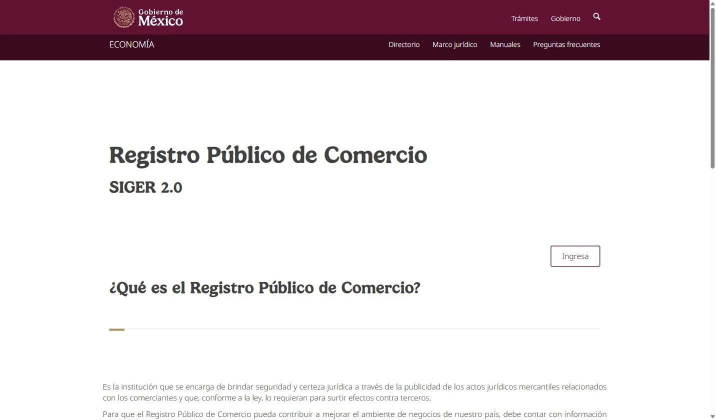 SIGER 2.0 landing page of the Registro Público de Comercio, the Mexican company register, on rpc.economia.gob.mx, showing the Ingresa button and no company search field
