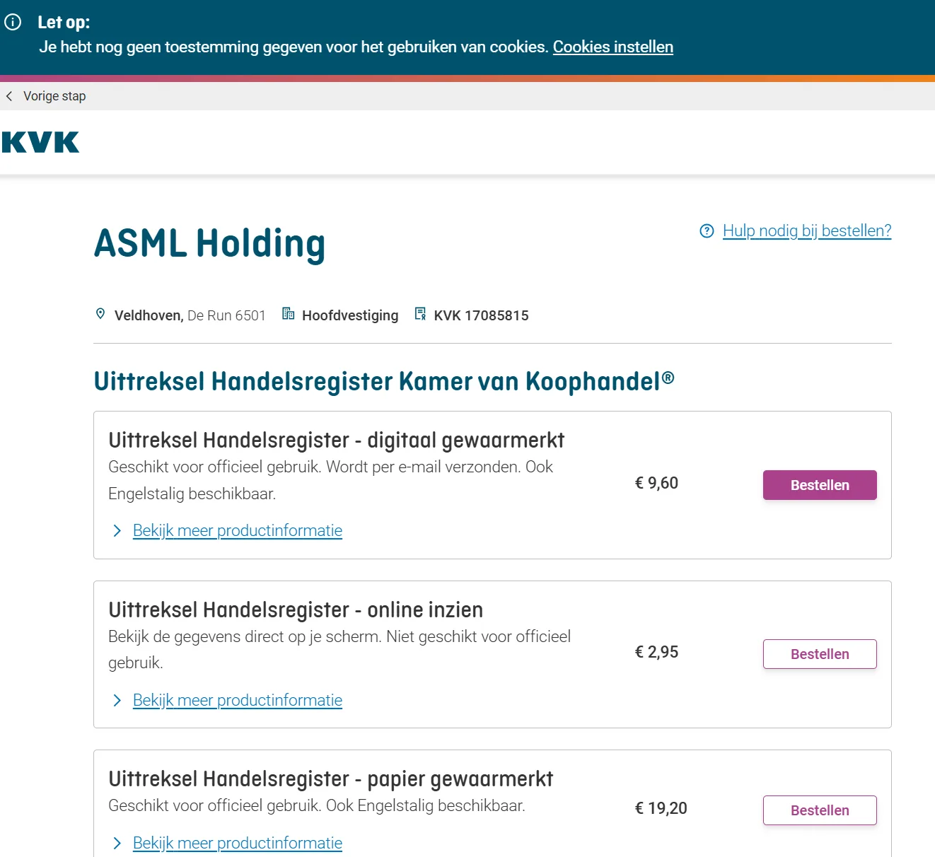 Ordering a KVK Business Register extract for a Dutch company with prices per product variant