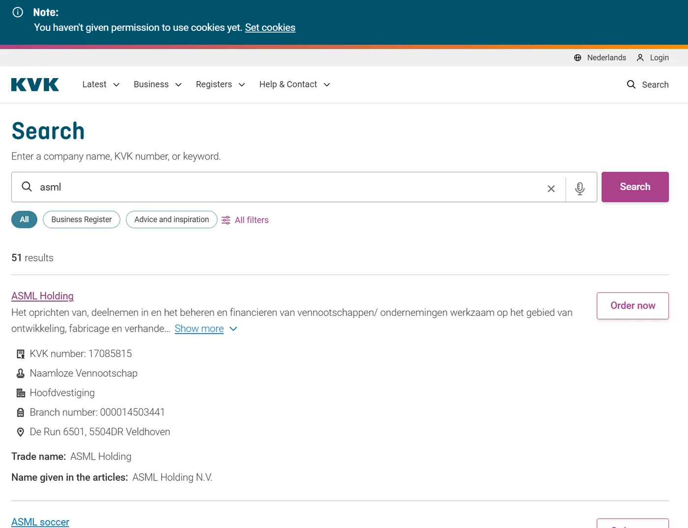 KVK Business Register search in English showing results for ASML with KVK number and branch number