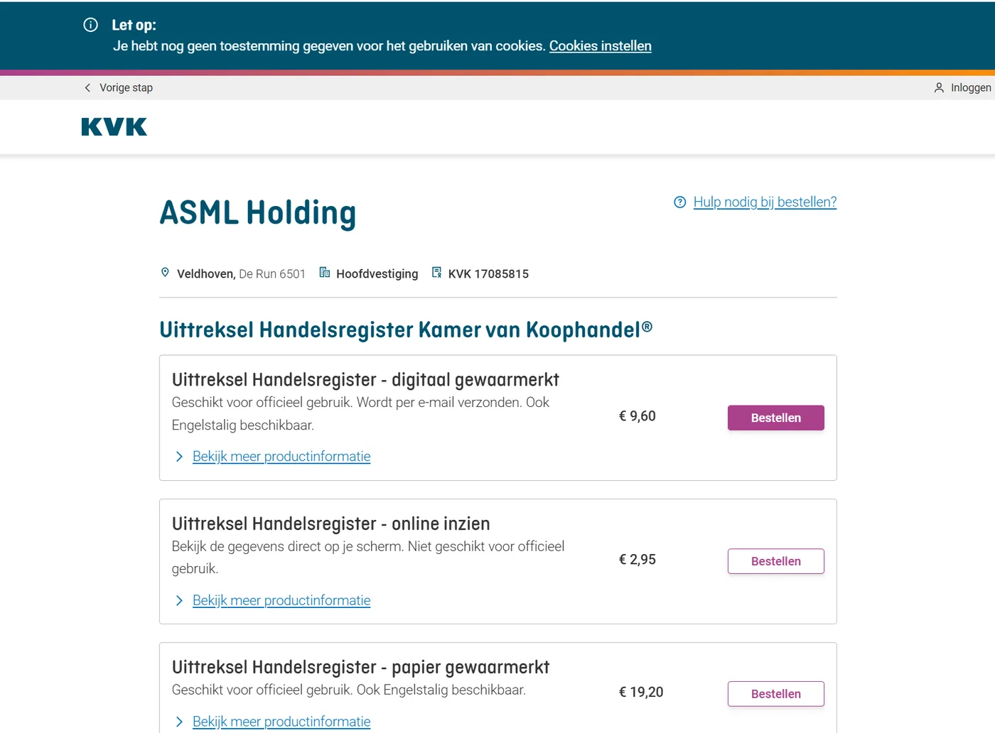 KVK uittreksel Handelsregister bestellen voor een bedrijf met prijzen per productvariant