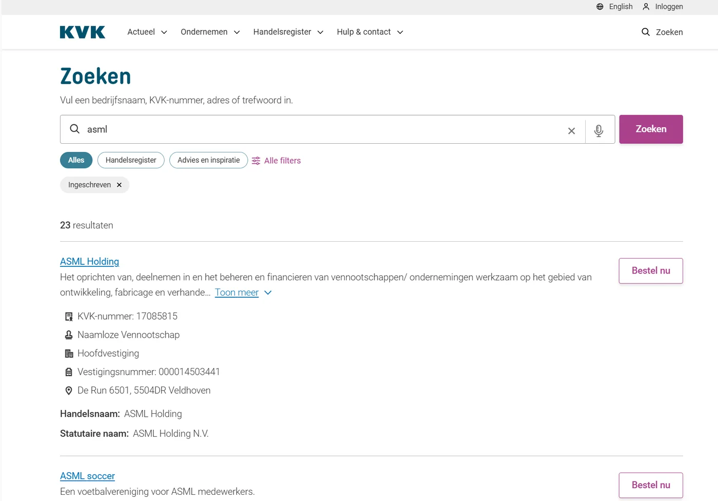 Zoeken in het KVK Handelsregister met resultaten voor ASML inclusief KVK-nummer en vestigingsnummer