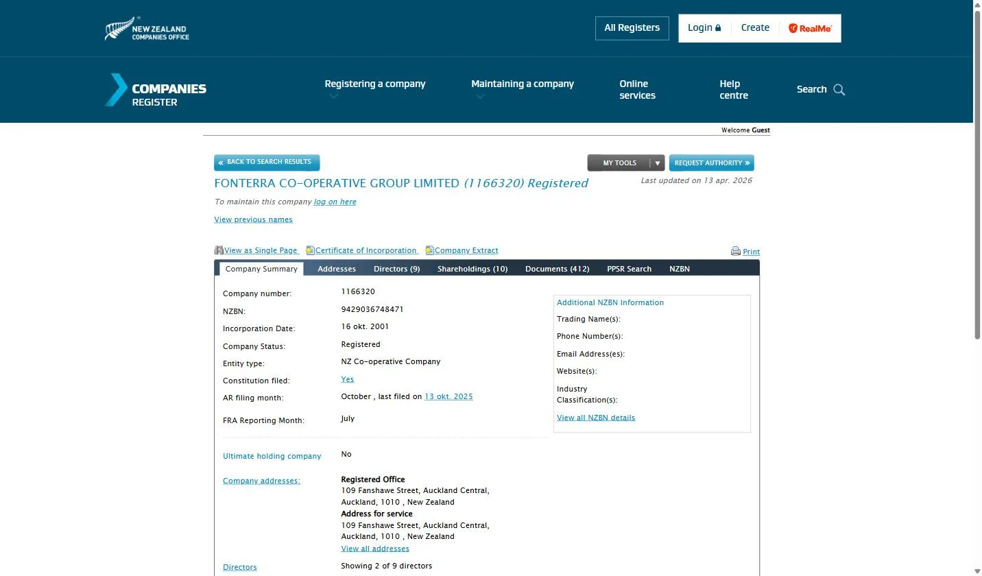 New Zealand Companies Register record for Fonterra Co-operative Group Limited, company number 1166320, NZBN 9429036748471, status Registered, entity type NZ Co-operative Company, with empty NZBN contact fields