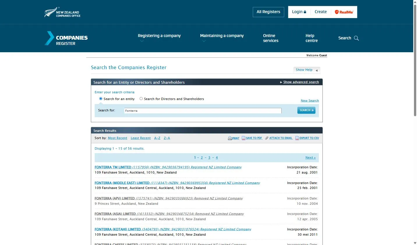 New Zealand Companies Register search on app.companiesoffice.govt.nz showing a search for Fonterra with 56 results, each listing the company number, NZBN, status, address, and incorporation date