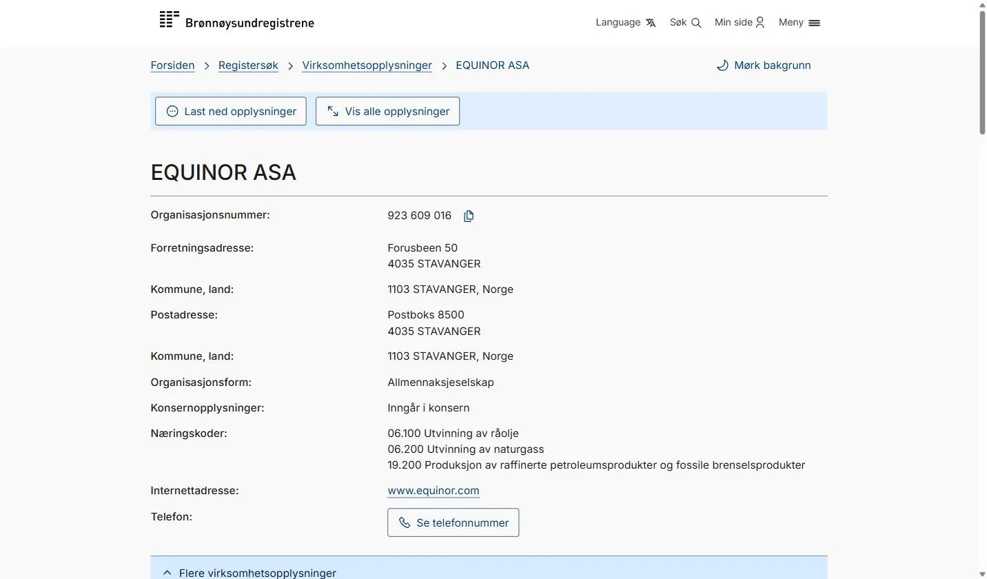 Brønnøysundregistrene record for EQUINOR ASA, organisation number 923 609 016, showing business address Forusbeen 50 in Stavanger, organisation form Allmennaksjeselskap, part of a group, and industry codes 06.100, 06.200, and 19.200