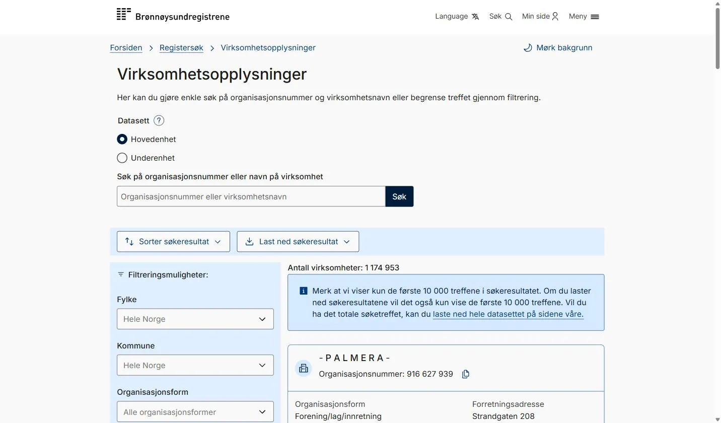 Brønnøysundregistrene Virksomhetsopplysninger search page, the Norwegian company register, with the Hovedenhet and Underenhet dataset choice, one field for organisation number or company name, and filters for county, municipality, and organisation form
