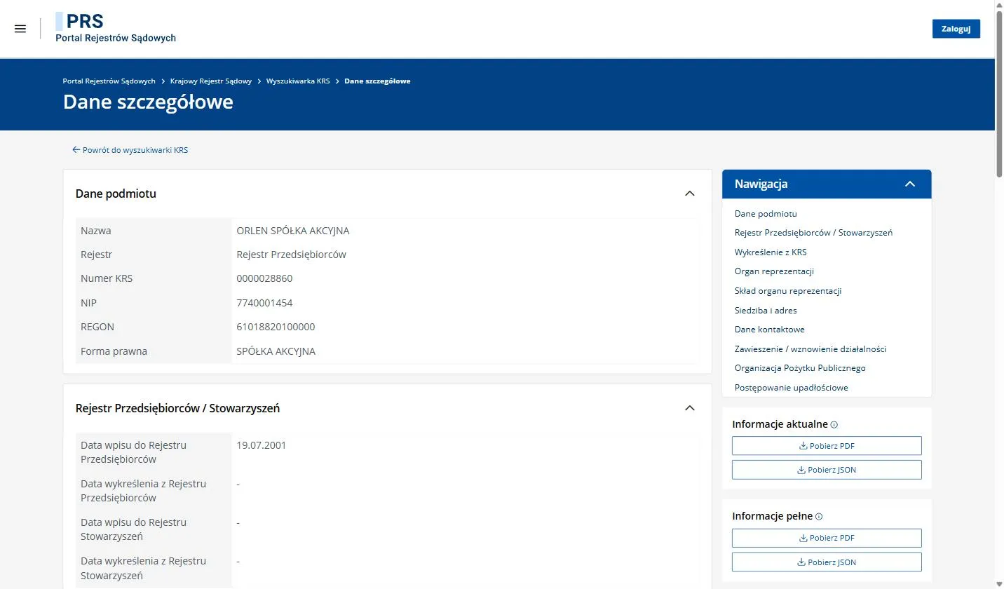 KRS record on the Portal Rejestrów Sądowych for ORLEN SPÓŁKA AKCYJNA, KRS number 0000028860, showing NIP 7740001454, REGON 61018820100000, legal form SPÓŁKA AKCYJNA, and entry in the register of entrepreneurs on 19.07.2001