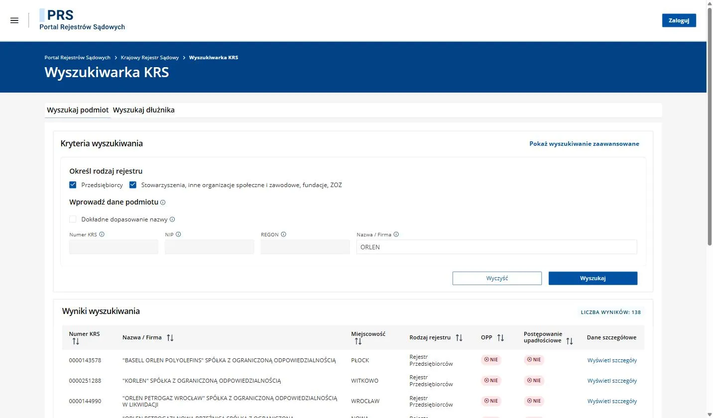 Wyszukiwarka KRS on the Portal Rejestrów Sądowych, the Polish company register search, with ORLEN entered in the Nazwa / Firma field and a result list of 138 entities