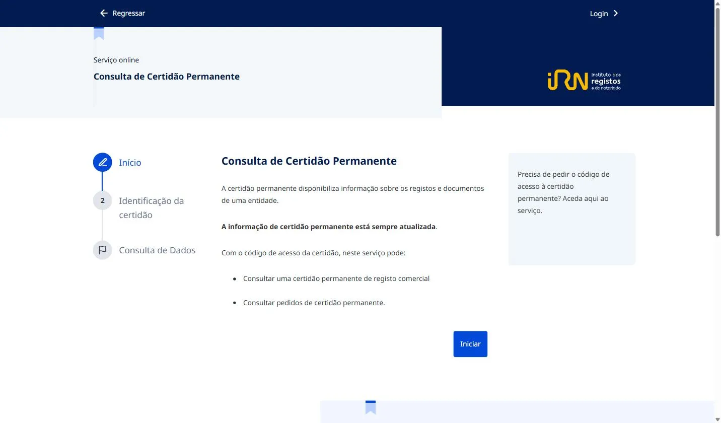 IRN Consulta de Certidão Permanente, the Portuguese commercial register certificate service, showing the steps Início, Identificação da certidão and Consulta de Dados and a box linking to the access code order service