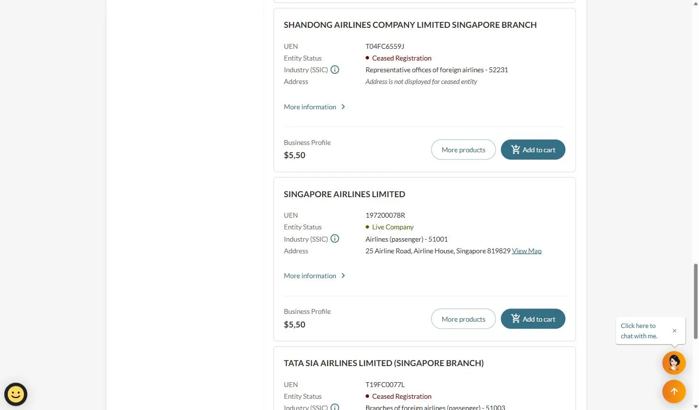 ACRA Bizfile search results showing the free result card for SINGAPORE AIRLINES LIMITED, UEN 197200078R, status Live Company, SSIC 51001 Airlines (passenger), address 25 Airline Road, Airline House, Singapore 819829, with the Business Profile offered at $5.50