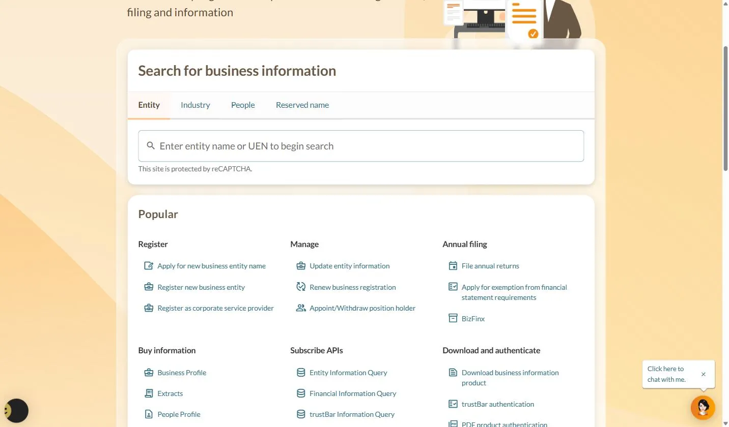 ACRA Bizfile home page, the Singapore company register search, with Entity, Industry, People, and Reserved name tabs and a single field for entity name or UEN
