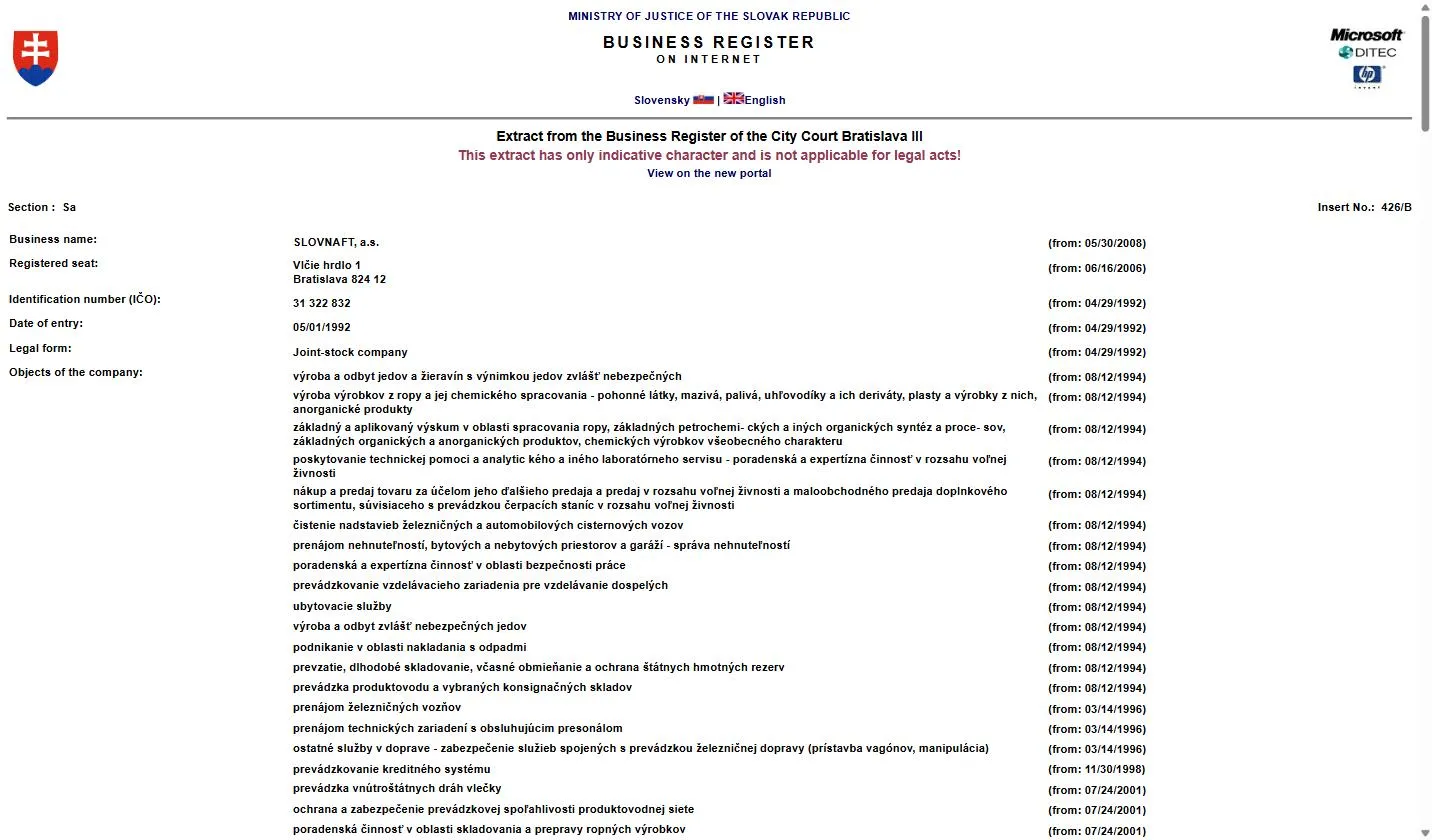 Business Register on Internet extract for SLOVNAFT, a.s., IČO 31 322 832, from the City Court Bratislava III, showing section Sa, insert number 426/B, registered seat Vlčie hrdlo 1 Bratislava, and legal form joint-stock company