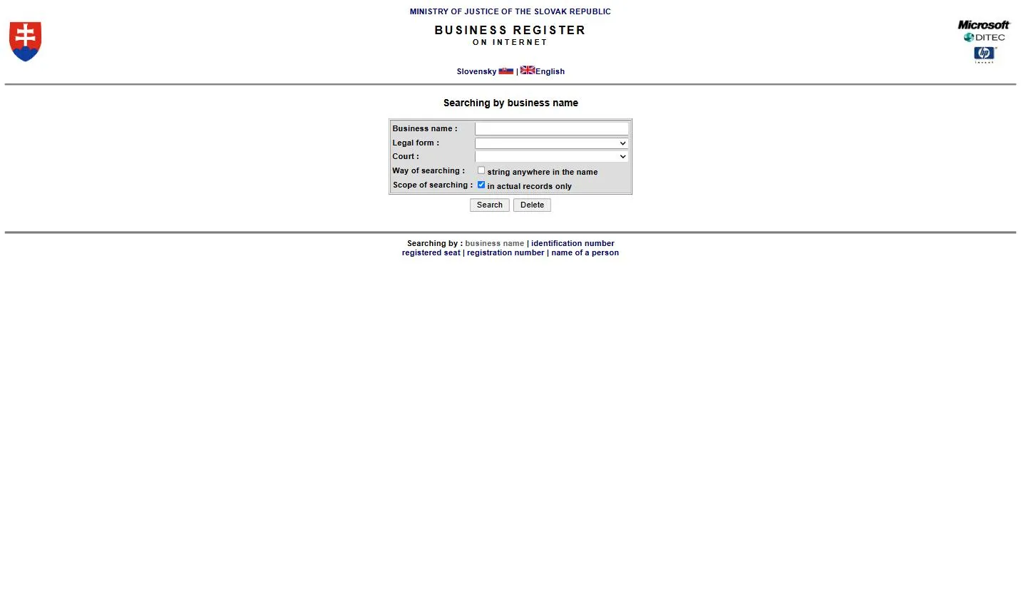 Business Register on Internet at orsr.sk, the Slovak company register of the Ministry of Justice, showing the English search-by-business-name form with legal form, court, and scope filters