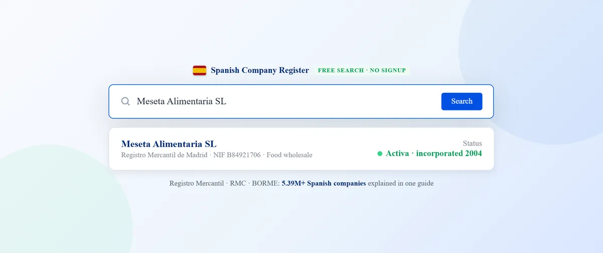 Spanish company register search on the Registro Mercantil showing a company record with NIF number and active status