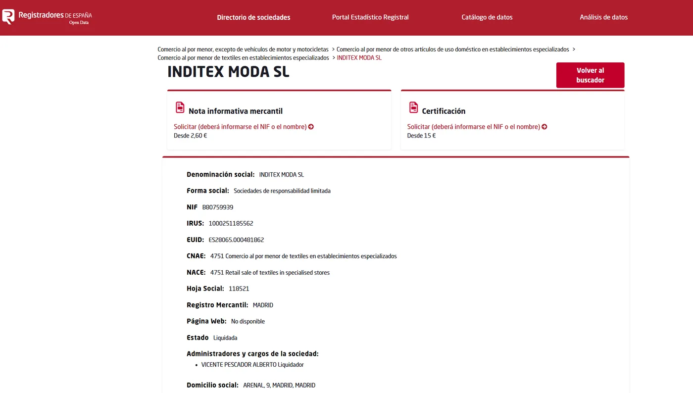 Registro Mercantil company record showing NIF, legal form, CNAE code, provincial register and officers