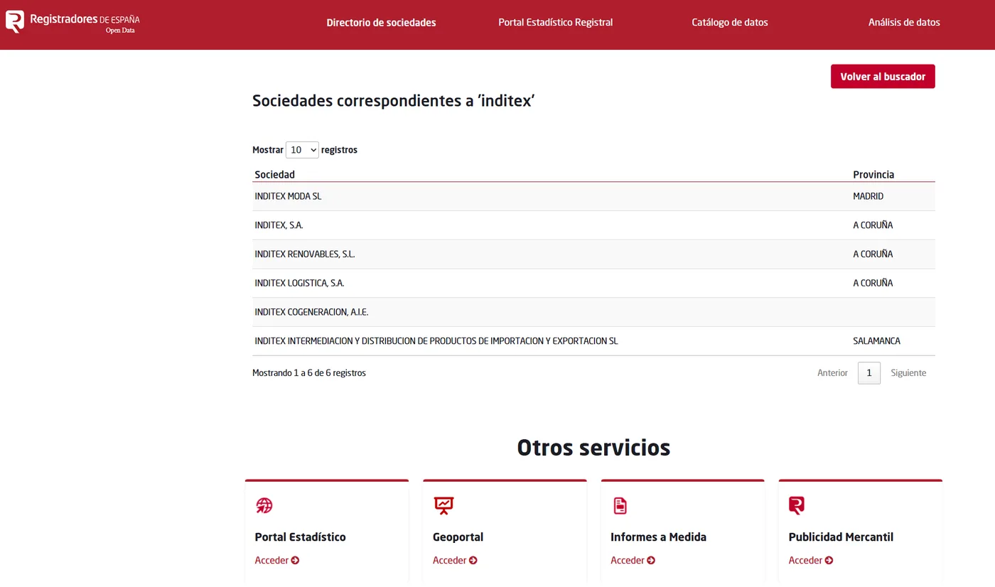 Spanish company register search results in the Registradores directory listing companies by province