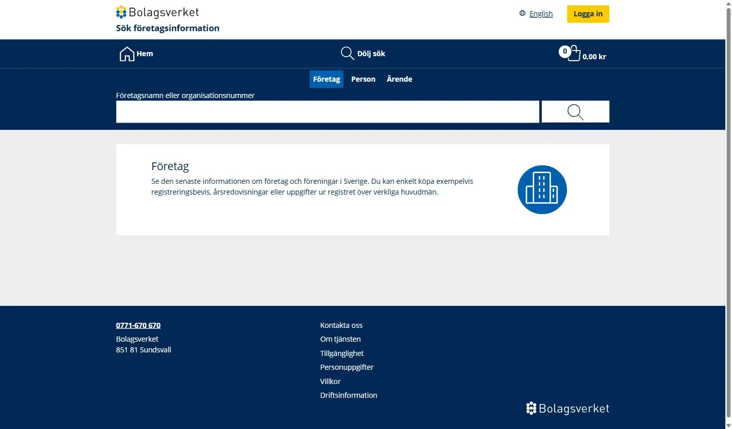 Sök företagsinformation on foretagsinfo.bolagsverket.se, the Swedish company register search by Bolagsverket, showing the Företag, Person and Ärende tabs and one field for a company name or organisation number