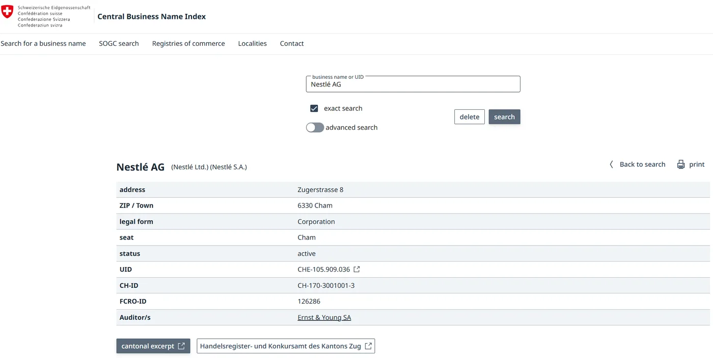 Swiss company register entry for Nestlé AG on Zefix showing UID CHE number, legal form and cantonal excerpt link