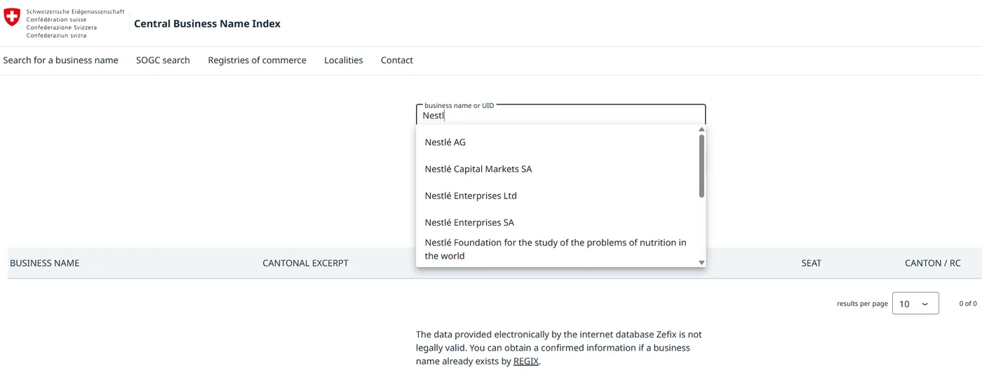 Zefix Swiss company register search suggesting Nestlé entities in the Central Business Name Index