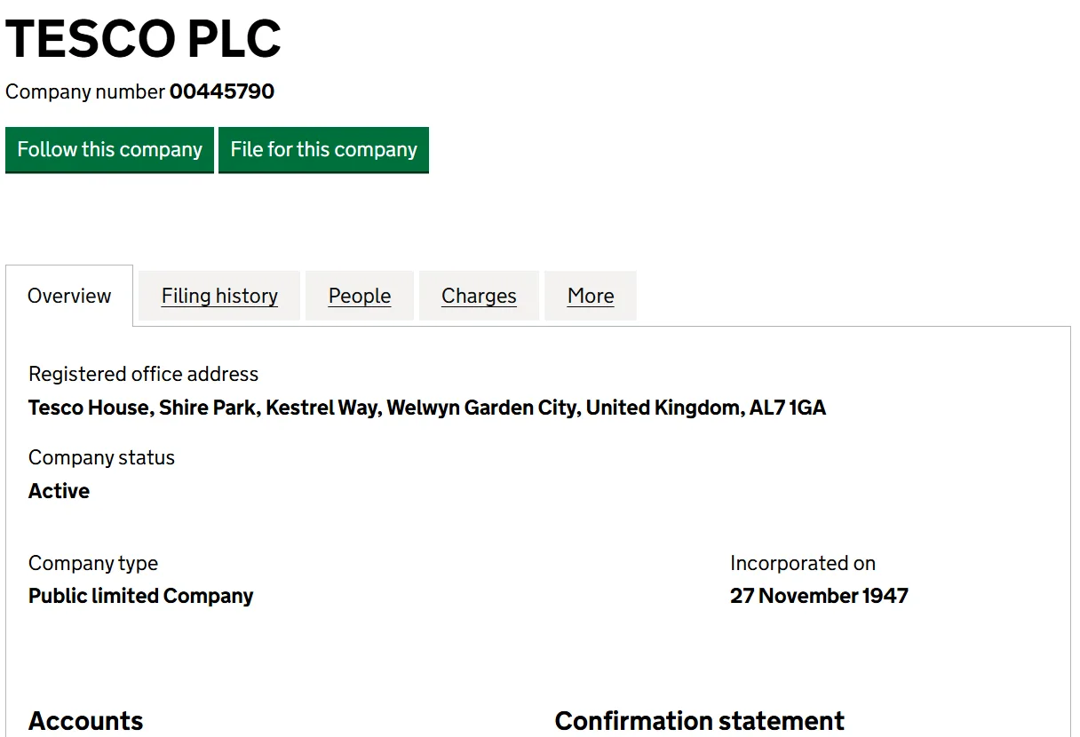 Companies House company overview for a UK PLC with company number, registered office address, status and filing history tabs
