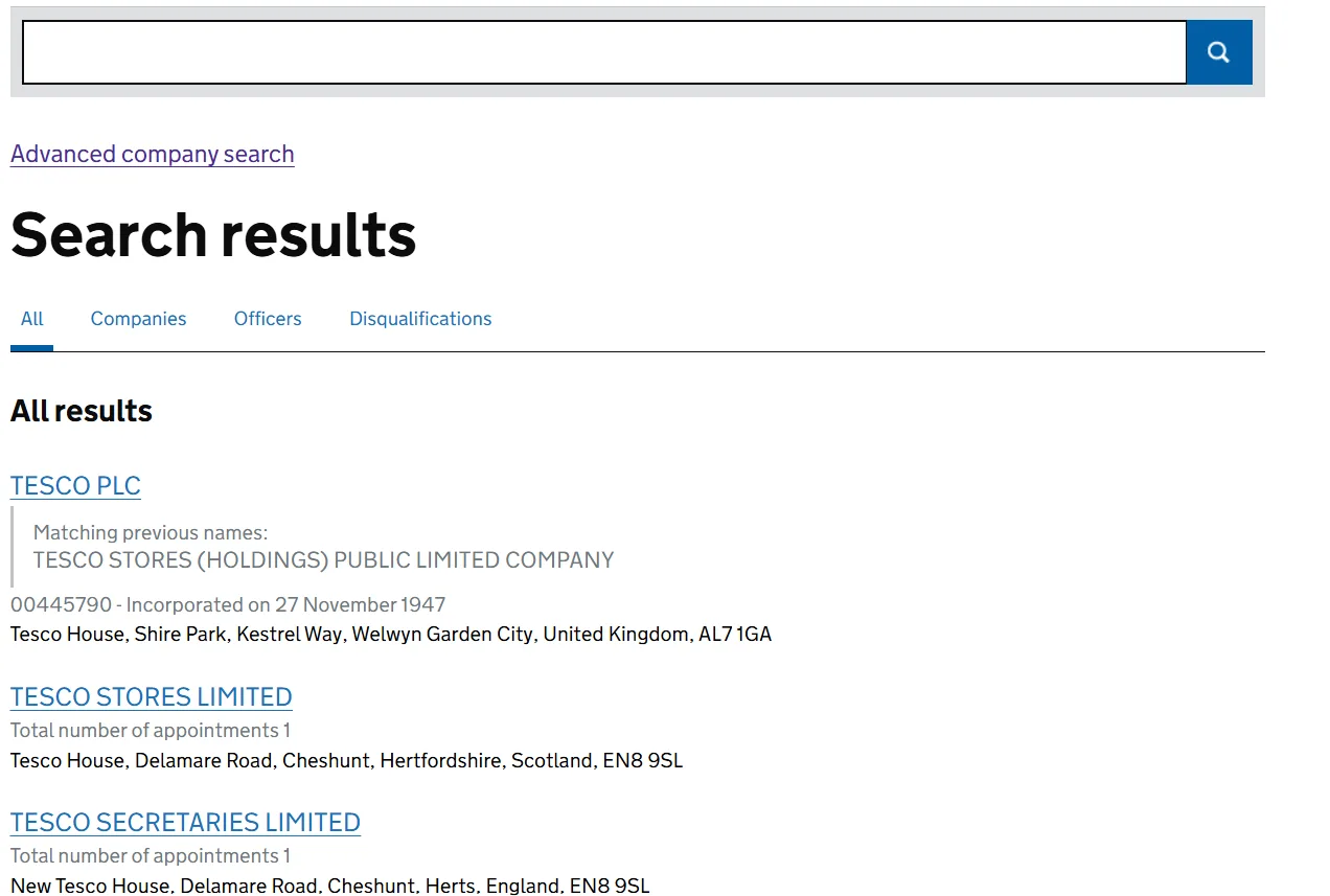 Companies House search results for a UK company showing company number, previous names and registered address