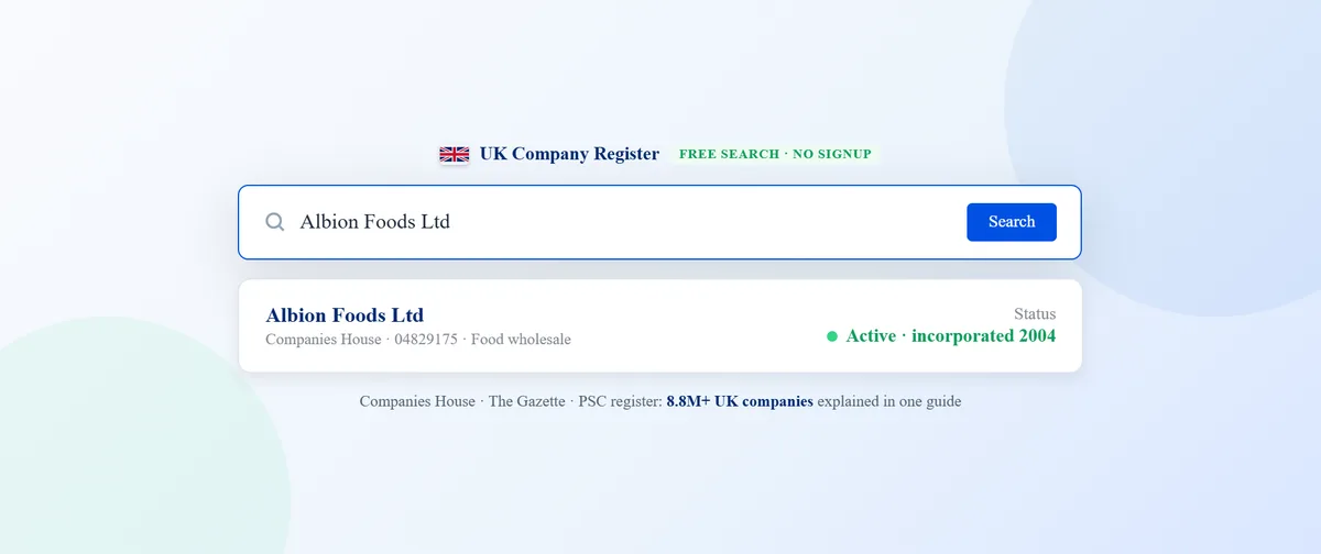 Companies House UK company register search showing a company record with company number and active status
