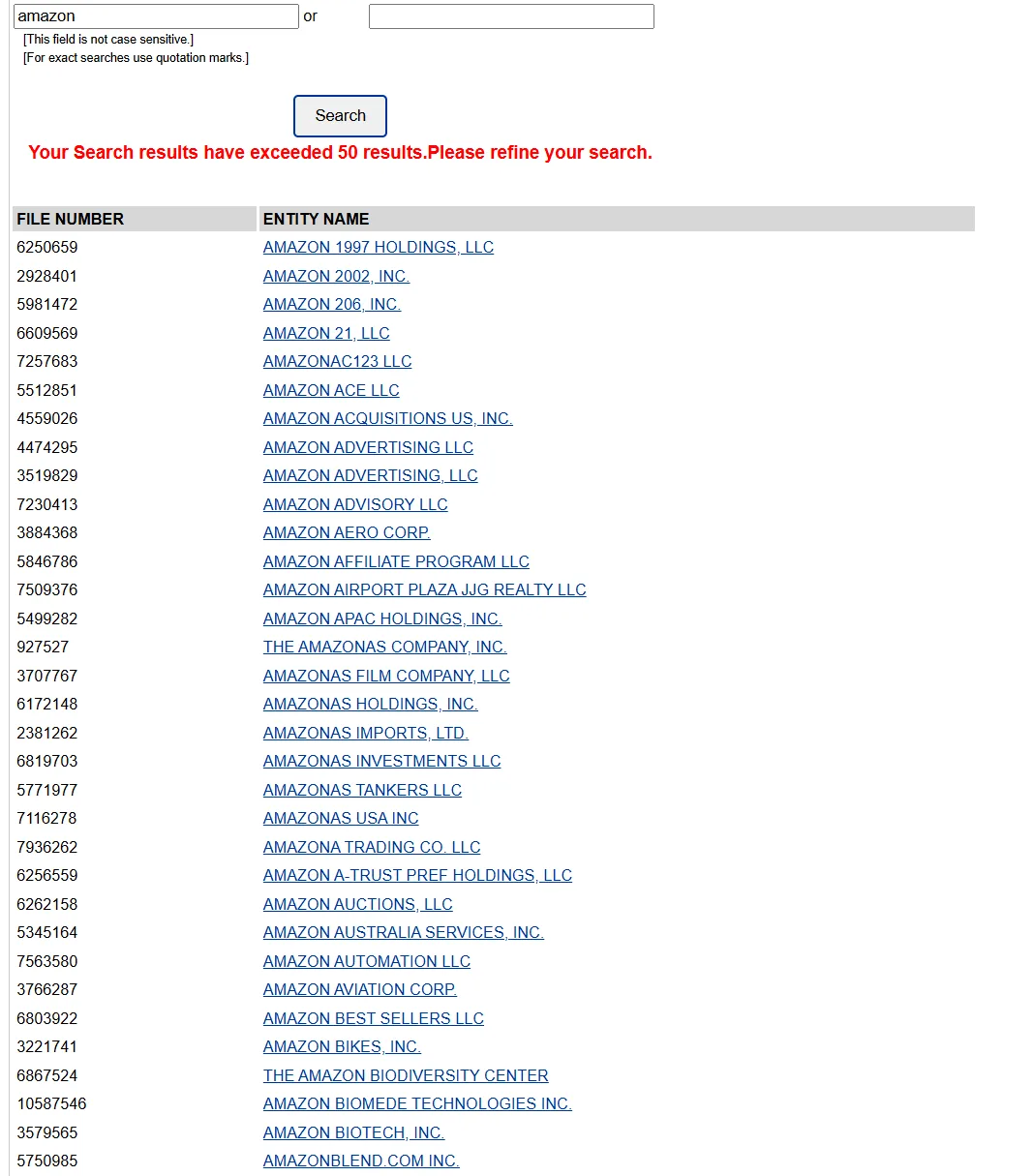 Delaware business search alphabetical results for amazon from AMAZON 1997 HOLDINGS to AMAZONBLEND.COM without Amazon.com Inc