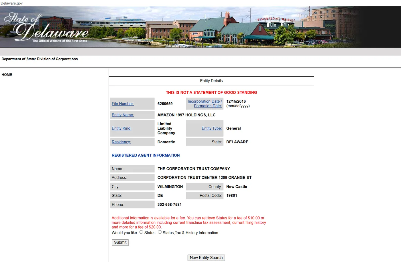 Delaware entity record showing file number, formation date, entity type and registered agent at Corporation Trust Center