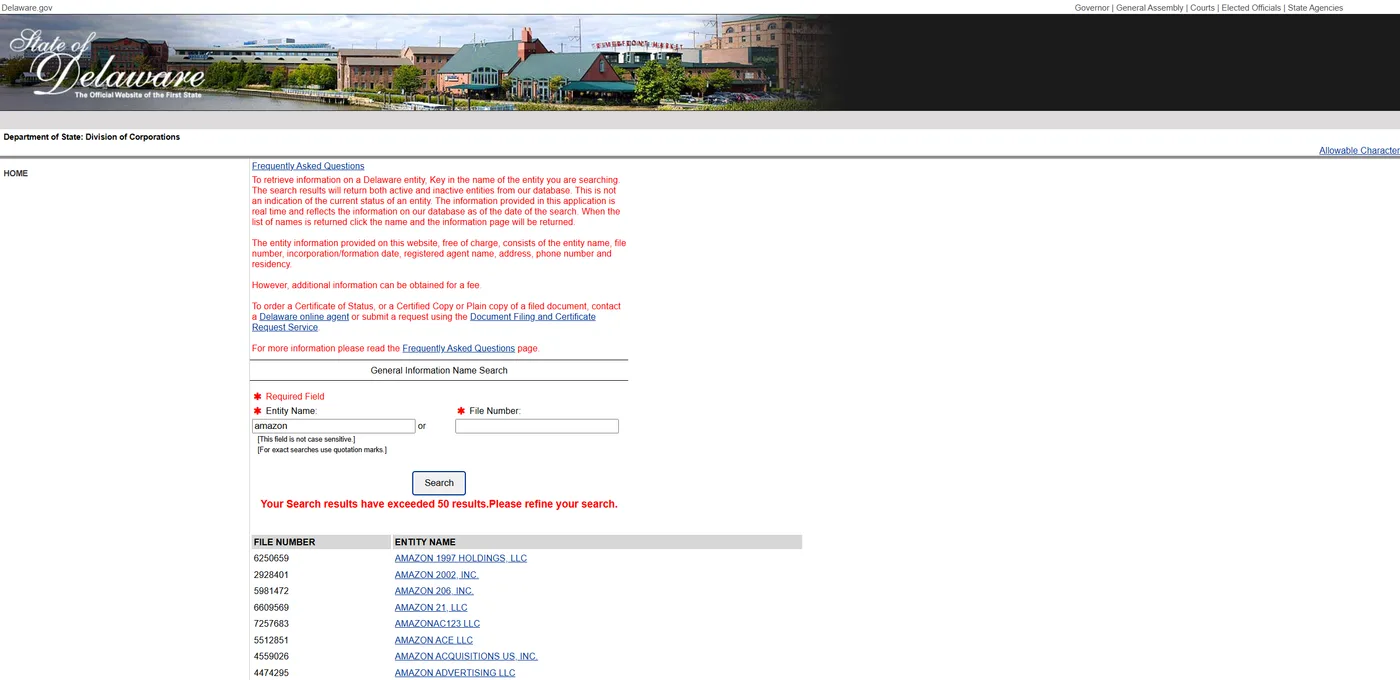 Delaware company register search for Amazon showing over 50 alphabetical results without the well-known Amazon entities