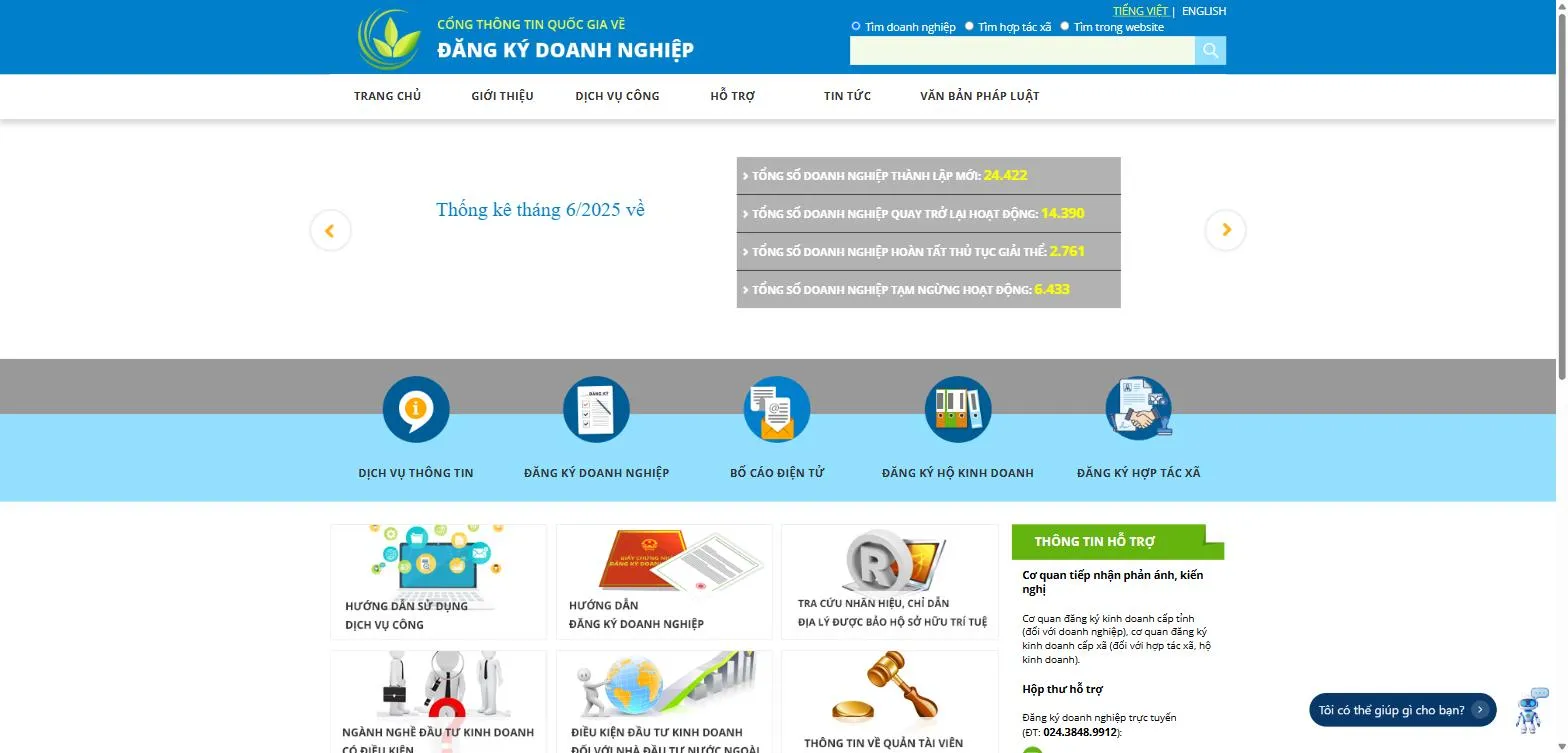 National Business Registration Portal on dangkykinhdoanh.gov.vn, the Vietnamese company register, showing the search box with options to search enterprises, cooperatives, or the website, the Vietnamese and English switch, and monthly registration statistics
